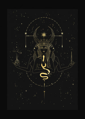 Hecate Triple Moon Goddess gold foil on black paper by Cocorrina & Co Shop