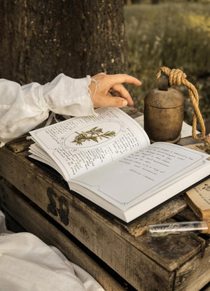 The Herbology Journal in black and gold foil. A Botanical grimoire for witches by Cocorrina & Co Shop captured by Julia Brenner