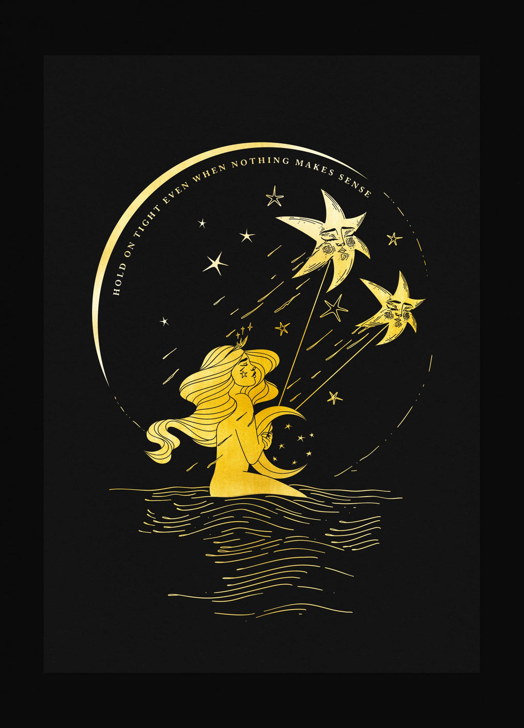 Hold On Star storm gold foil art print on black paper by Cocorrina & Co