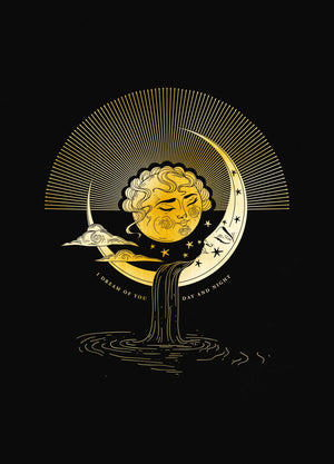 "I Dream of You" Art print in gold foil on black paper with Moon and Sun in a dream by Cocorrina & Co