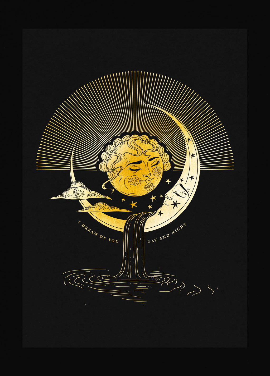 "I Dream of You" Art print in gold foil on black paper with Moon and Sun in a dream by Cocorrina & Co