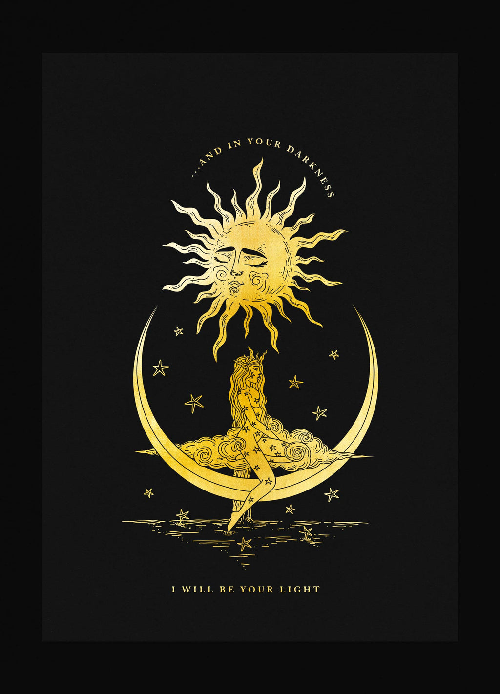 I will be your light sun fairy gold foil art print on black paper by Cocorrina & Co