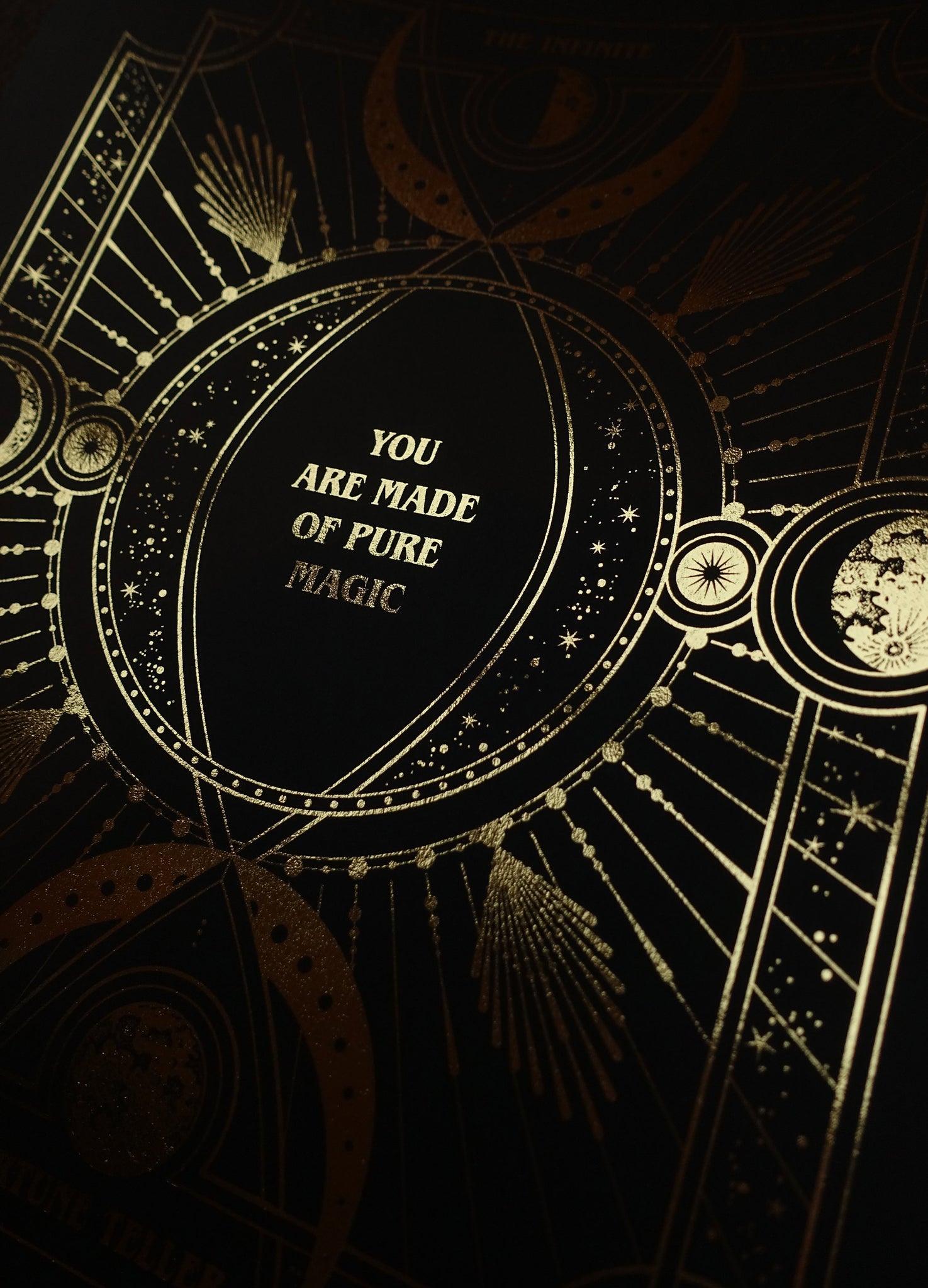 Infinite Fortune Teller card personalised art print in gold foil and black paper with stars and moon by Cocorrina
