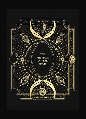 Infinite Fortune Teller card personalised art print in gold foil and black paper with stars and moon by Cocorrina