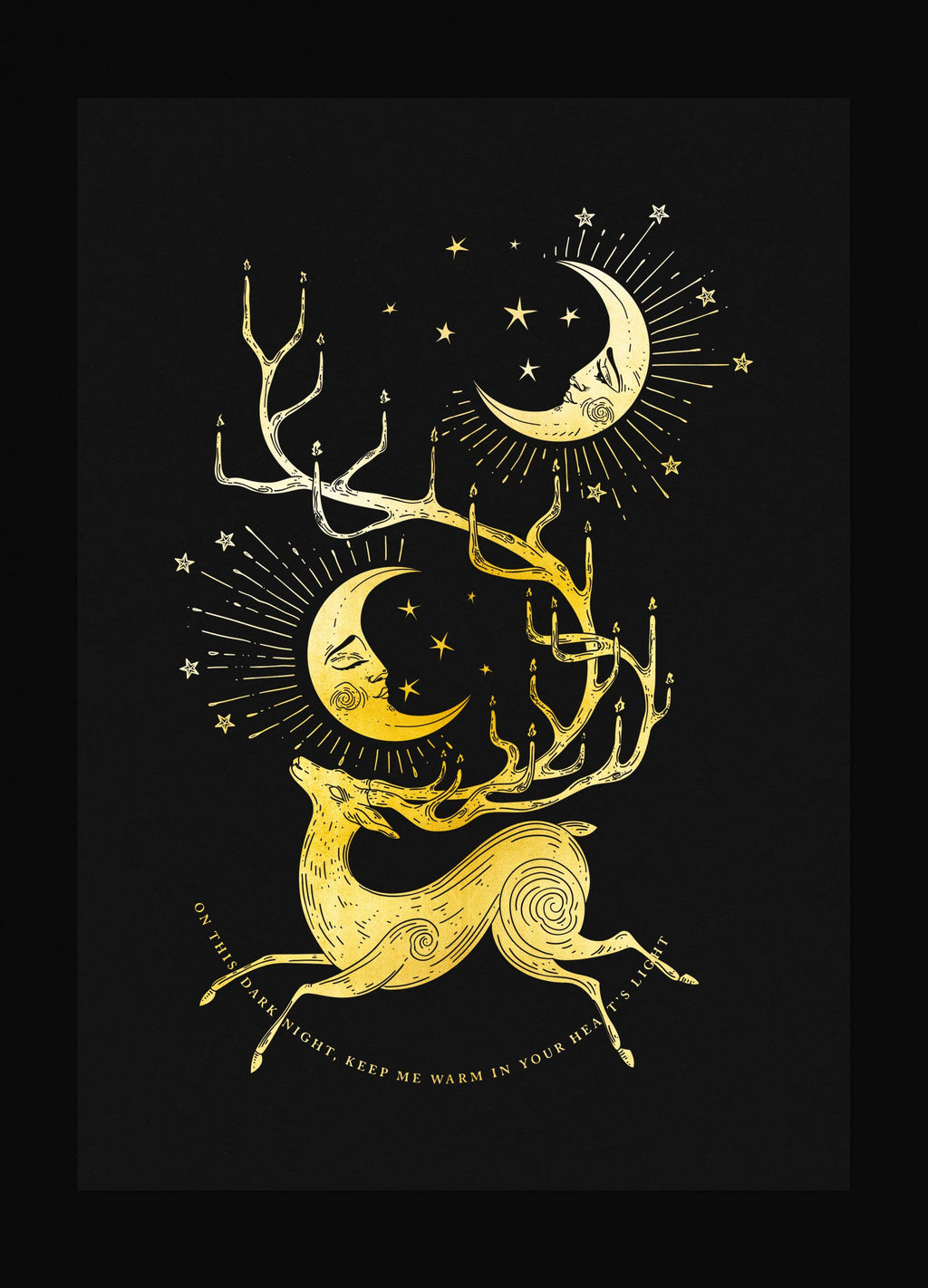 Keep me warm yule deer gold foil art print on black paper by Cocorrina & Co