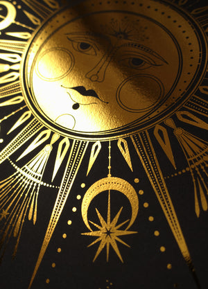 Lady Ostara Spring Equinox sabbat in gold foil black art print by studio Cocorrina design