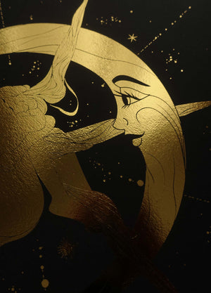 Lady Sol gold foil art print on black paper by Cocorrina & Co shop and design studio