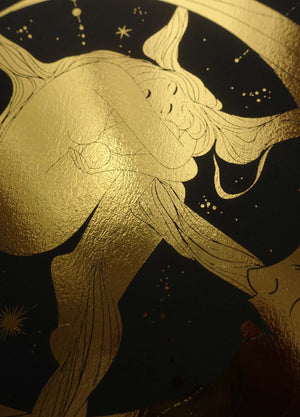 Lady Sol gold foil art print on black paper by Cocorrina & Co shop and design studio