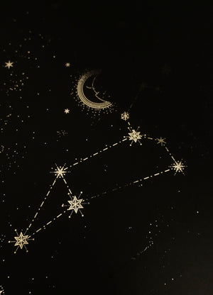 Leo zodiac constellation gold metallic foil print on black paper by Cocorrina