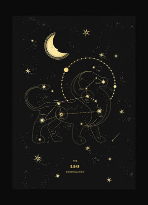 Leo Figure Constellation Gold foil on black paper art print by Cocorrina & Design studio and shop