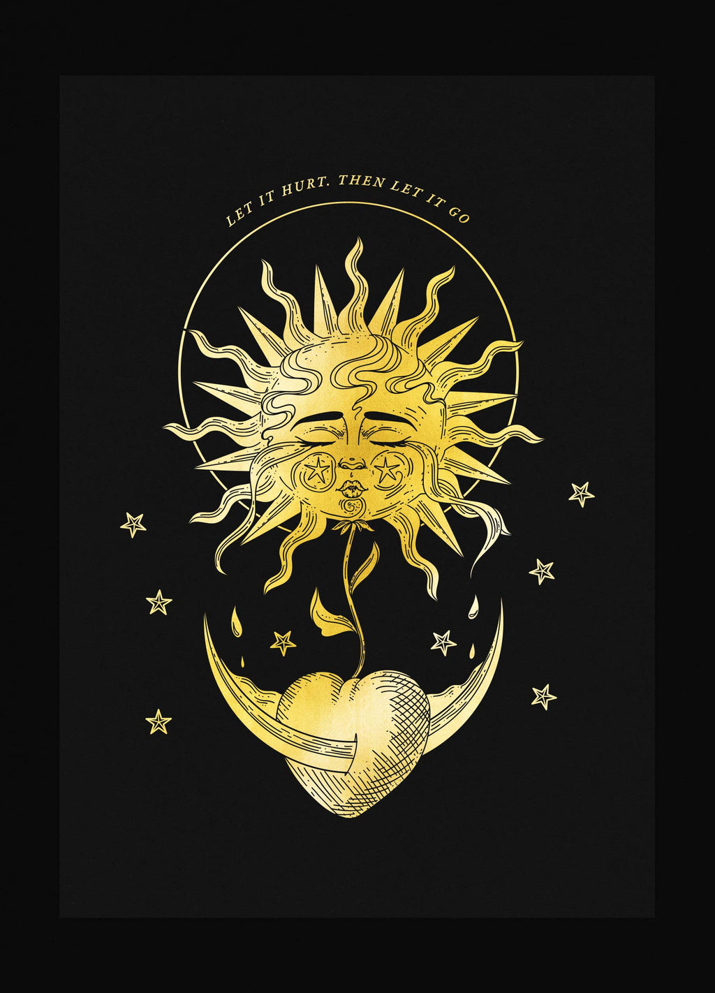 Let it Hurt Sun and heart art print in gold foil on black paper by Cocorrina & Co