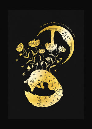 Little Fox & Moon art print in gold foil on black paper by Cocorrina & Co