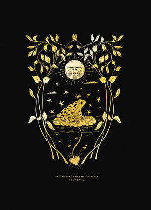 Little Frog & The Moon Art print in gold foil on black paper by Cocorrina & Co