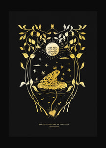 Little Frog & The Moon Art print in gold foil on black paper by Cocorrina & Co