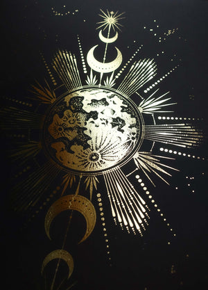 Catching the Moonrise art print in gold foil and black paper with stars and moon by Cocorrina