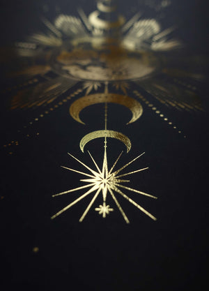 Longest Night Yule art print in gold foil and black paper with stars and moon by Cocorrina