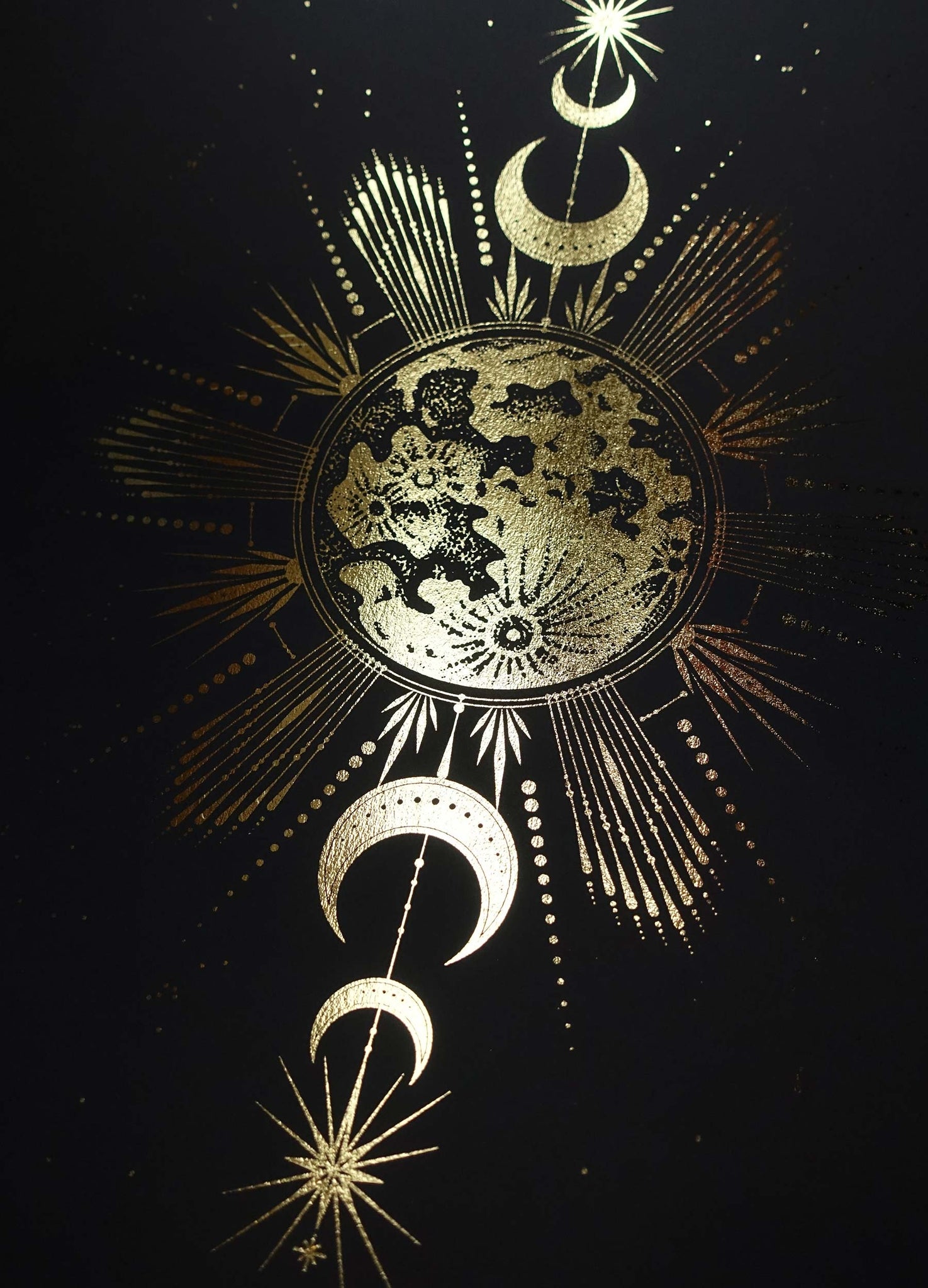 Catching the Moonrise art print in gold foil and black paper with stars and moon by Cocorrina