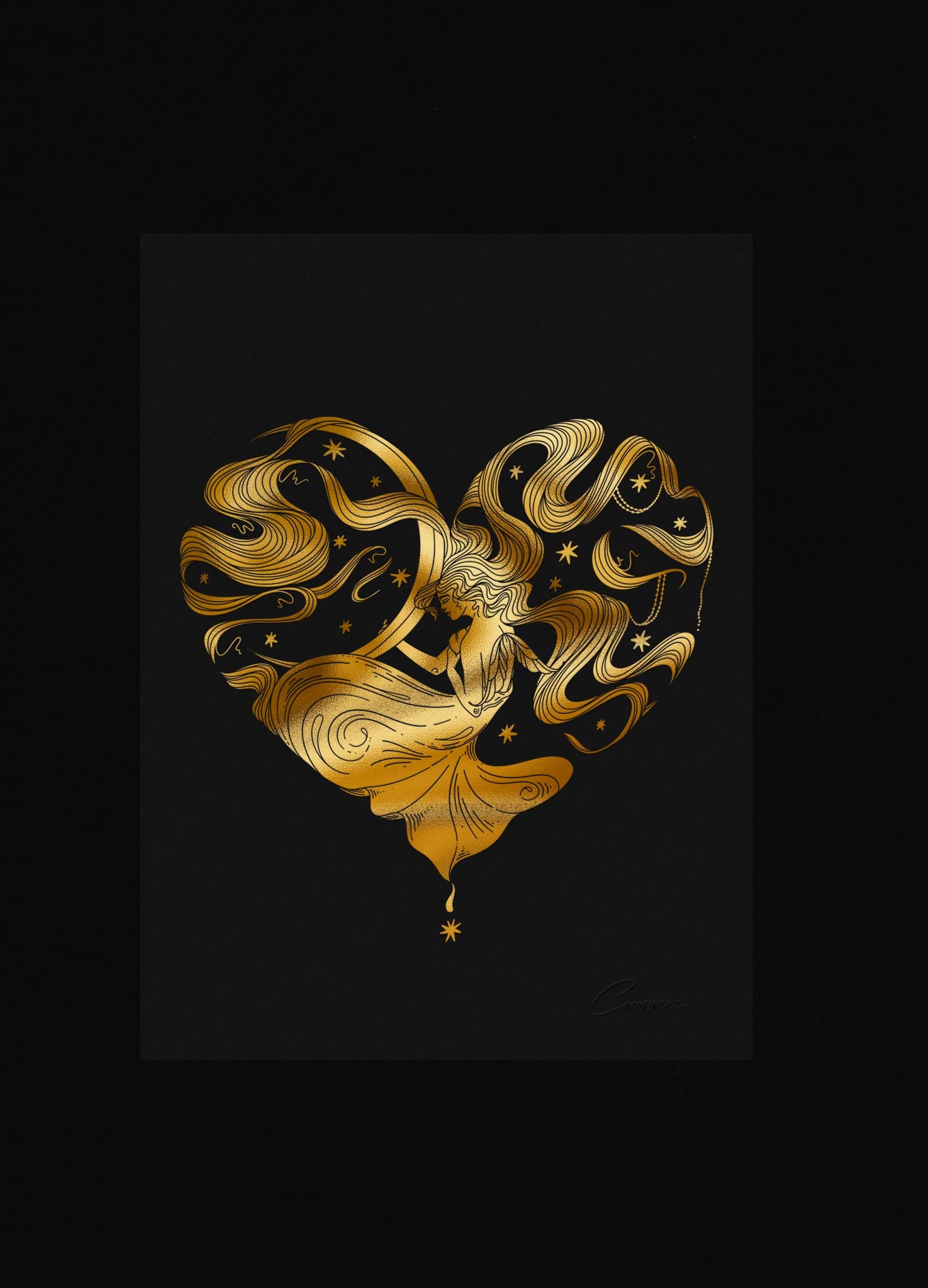 Love Fairy, gold foil art print on black paper by Cocorrina & Co