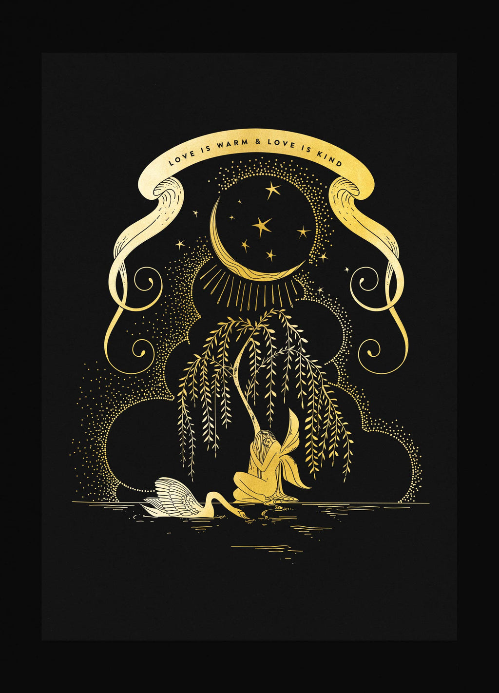 Love is warm art print in gold foil on black paper by Cocorrina & Co