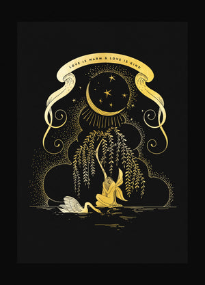 Love is warm art print in gold foil on black paper by Cocorrina & Co