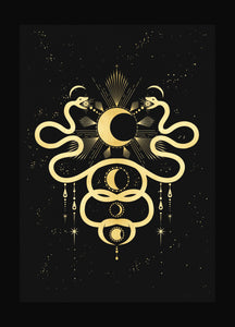 Love by the Moon snakes in gold foil and black paper with stars and moon by Cocorrina