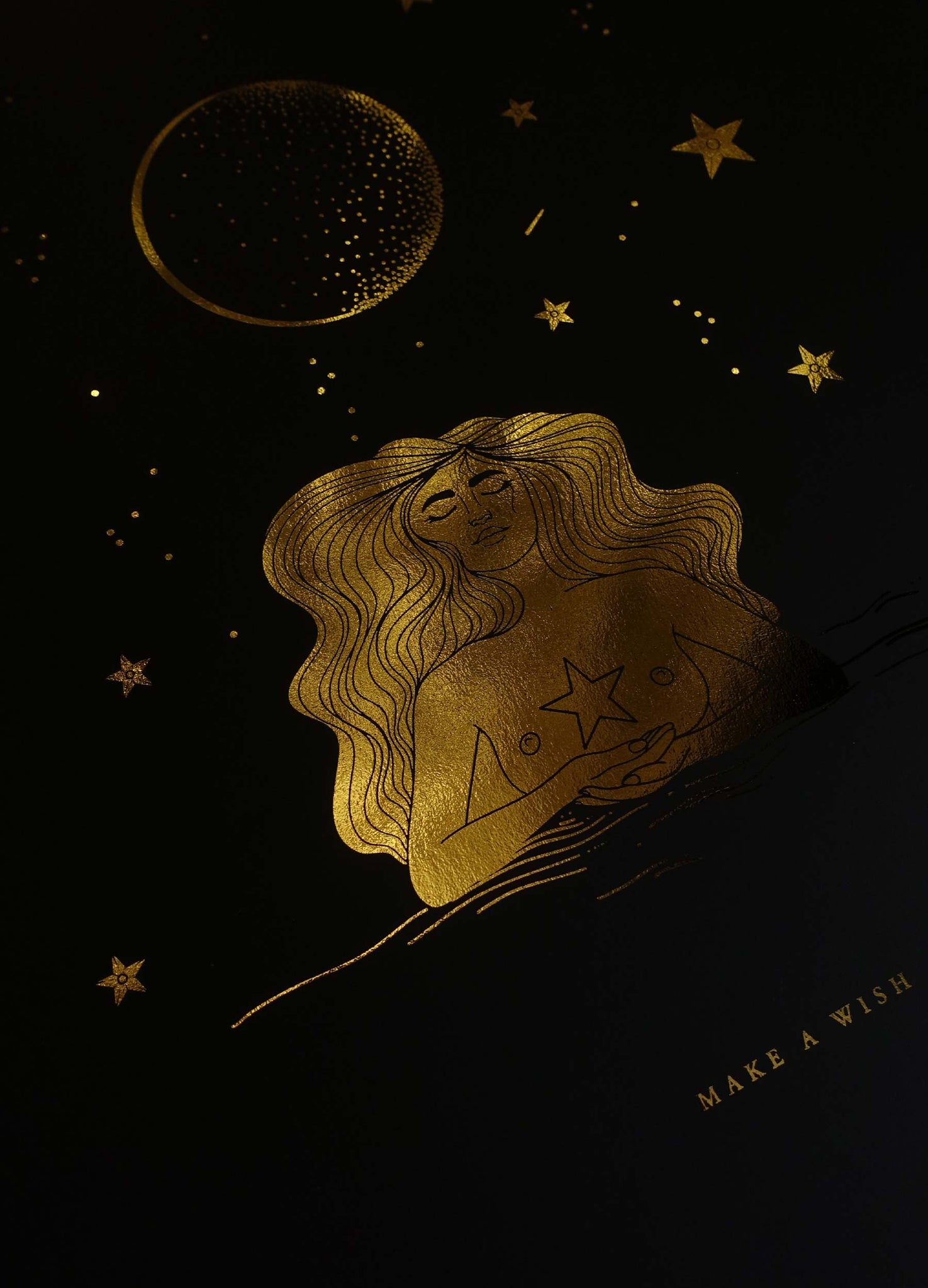 Make a Wish Star gold foil on black paper art print by Cocorrina & Co