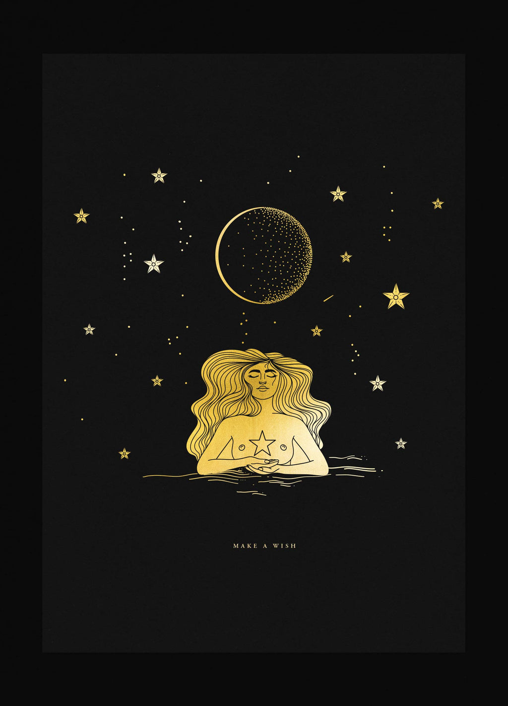 Make a Wish Star gold foil on black paper art print by Cocorrina & Co