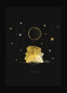 Make a Wish Star gold foil on black paper art print by Cocorrina & Co