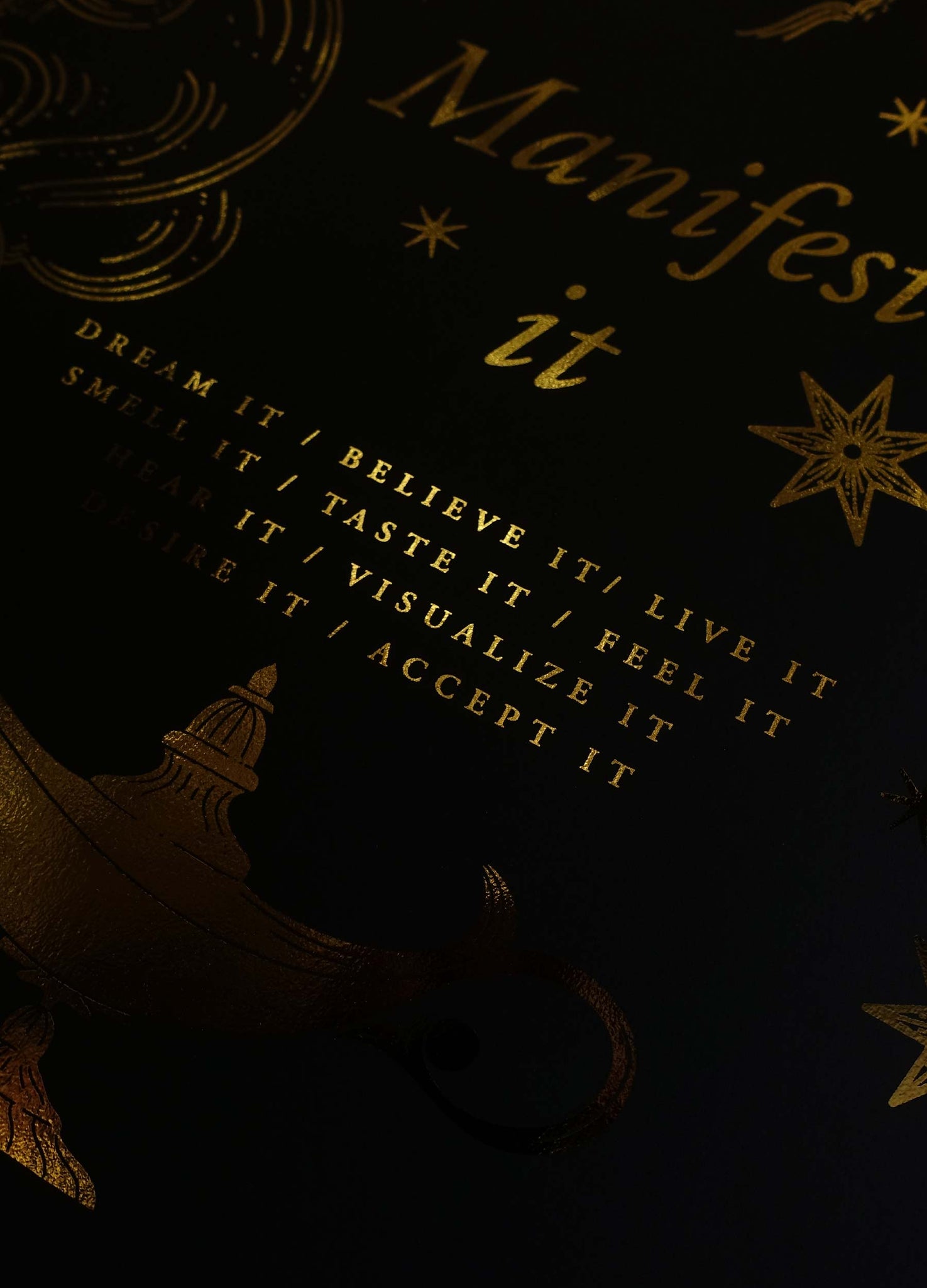 Manifestation Guide gold foil on black paper art print by Cocorrina & Co
