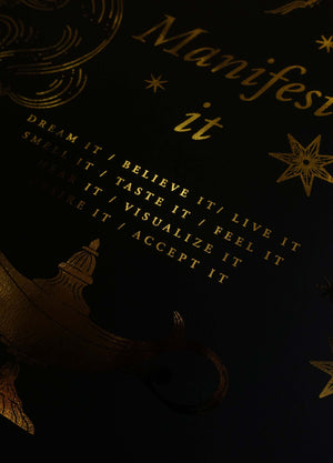 Manifestation Guide gold foil on black paper art print by Cocorrina & Co