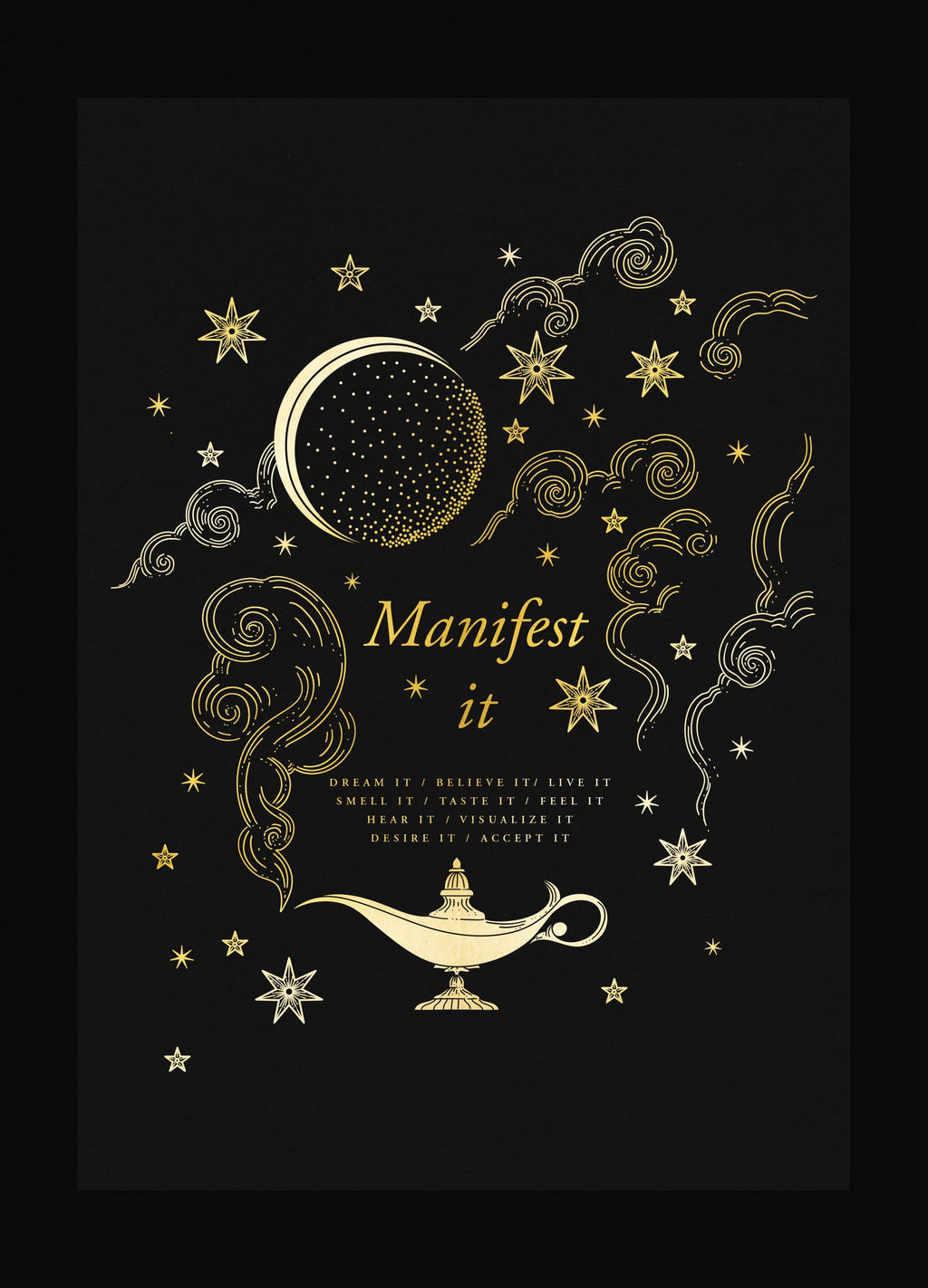 Manifestation Guide gold foil on black paper art print by Cocorrina & Co
