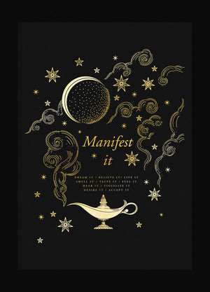 Manifestation Guide gold foil on black paper art print by Cocorrina & Co