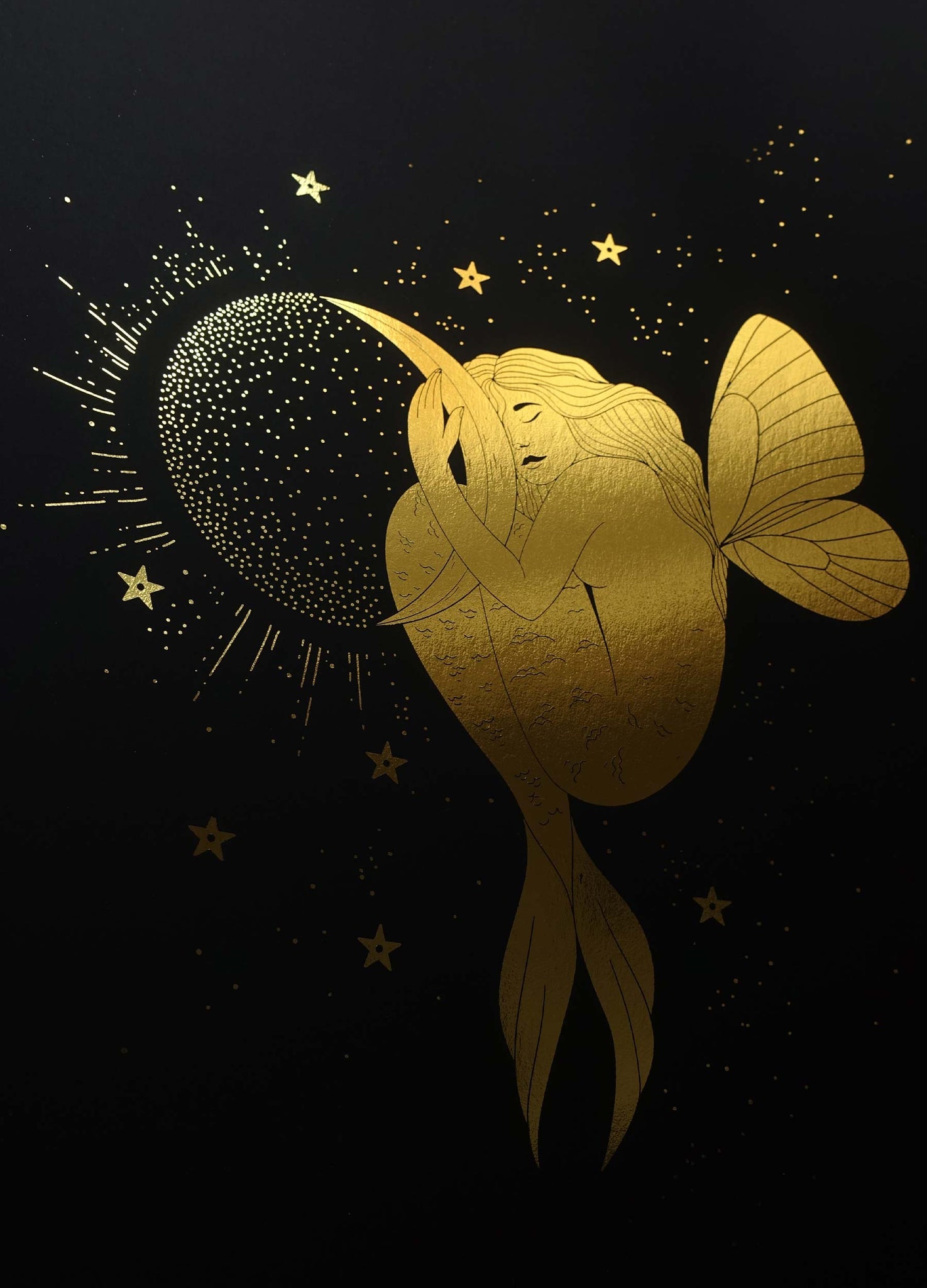 Mermaid Butterfly holding a Moon in gold foil on black paper art print by Cocorrina & Co