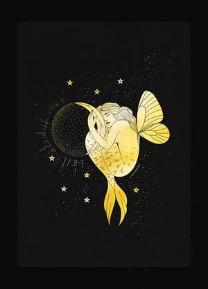 Mermaid Butterfly holding a Moon in gold foil on black paper art print by Cocorrina & Co