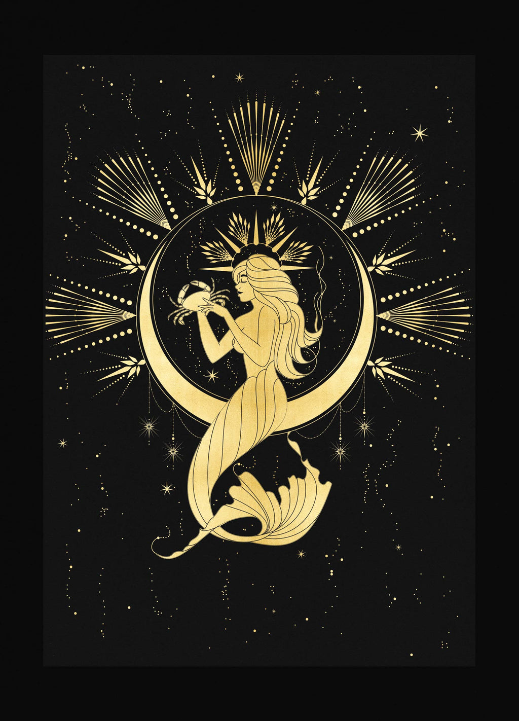 Cancer Mermaid gold foil print on black paper by Cocorrina & Co Shop