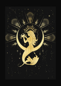 Cancer Mermaid gold foil print on black paper by Cocorrina & Co Shop