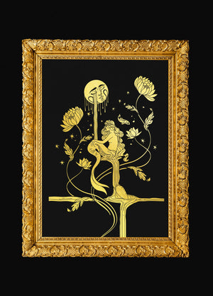 Mermaid Lily illustration by Cocorrina & in gold and silver foil art print on black paper