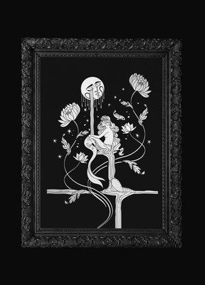 Mermaid Lily illustration by Cocorrina & in gold and silver foil art print on black paper