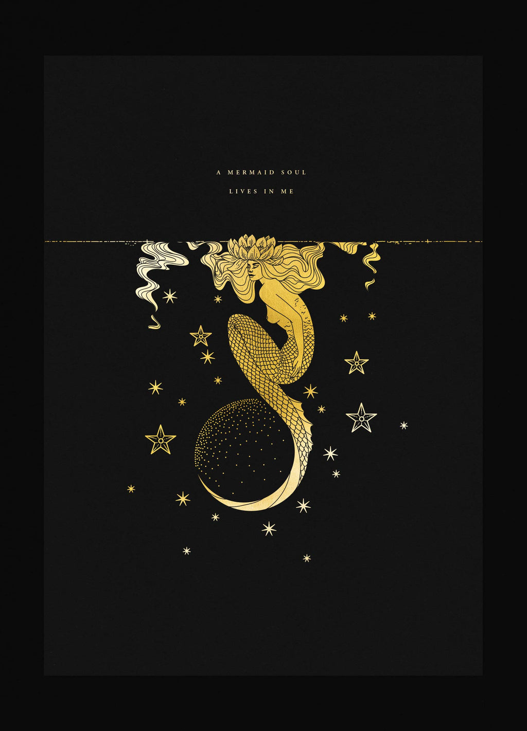 Mermaid Soul gold foil on black paper art print by Cocorrina & Co
