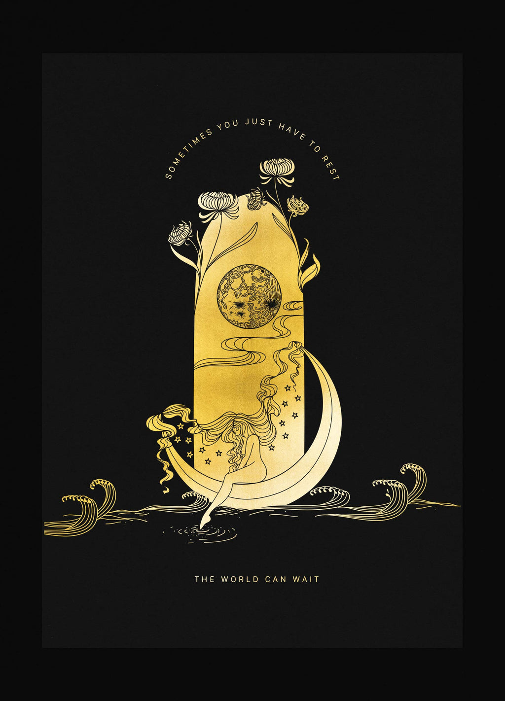 Rest on a Moon boat gold foil on black paper art print by Cocorrina & Co