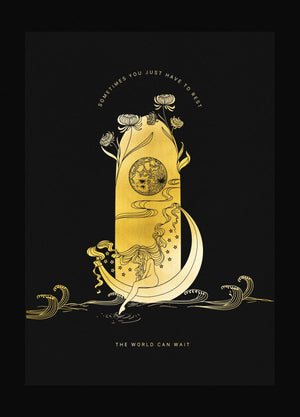Rest on a Moon boat gold foil on black paper art print by Cocorrina & Co