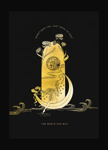Rest on a Moon boat gold foil on black paper art print by Cocorrina & Co