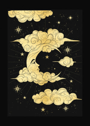 Moon in the Clouds gold foil Print on black paper by Cocorrina & Co Shop and Designs Studio