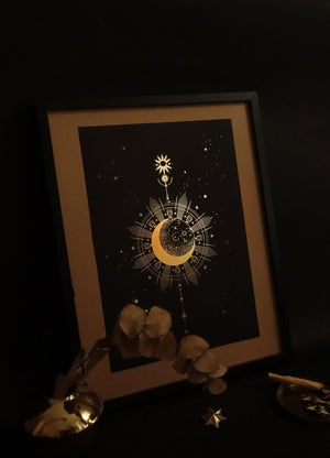 Moon Totem art print in gold foil and black paper with stars and moon by Cocorrina