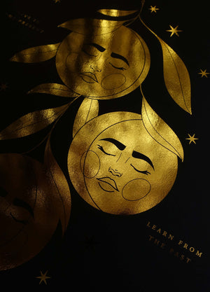 Moon Face Fruits gold foil on black paper art print by Cocorrina & Co