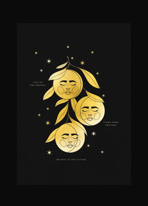 Moon Face Fruits gold foil on black paper art print by Cocorrina & Co