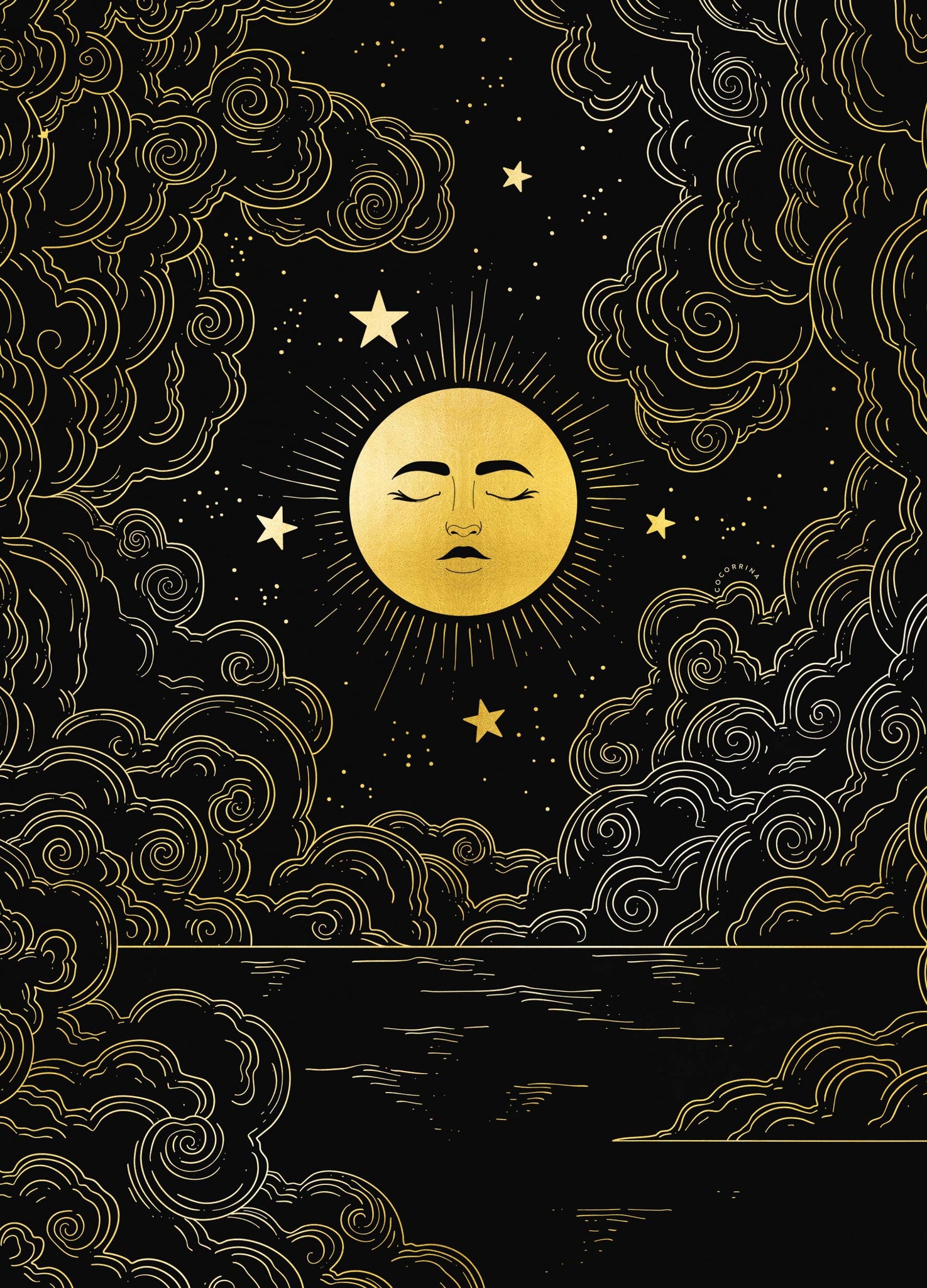 Full Moon glow n the night sky gold foil art print on black paper by Cocorrina & Co