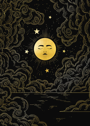 Full Moon glow n the night sky gold foil art print on black paper by Cocorrina & Co