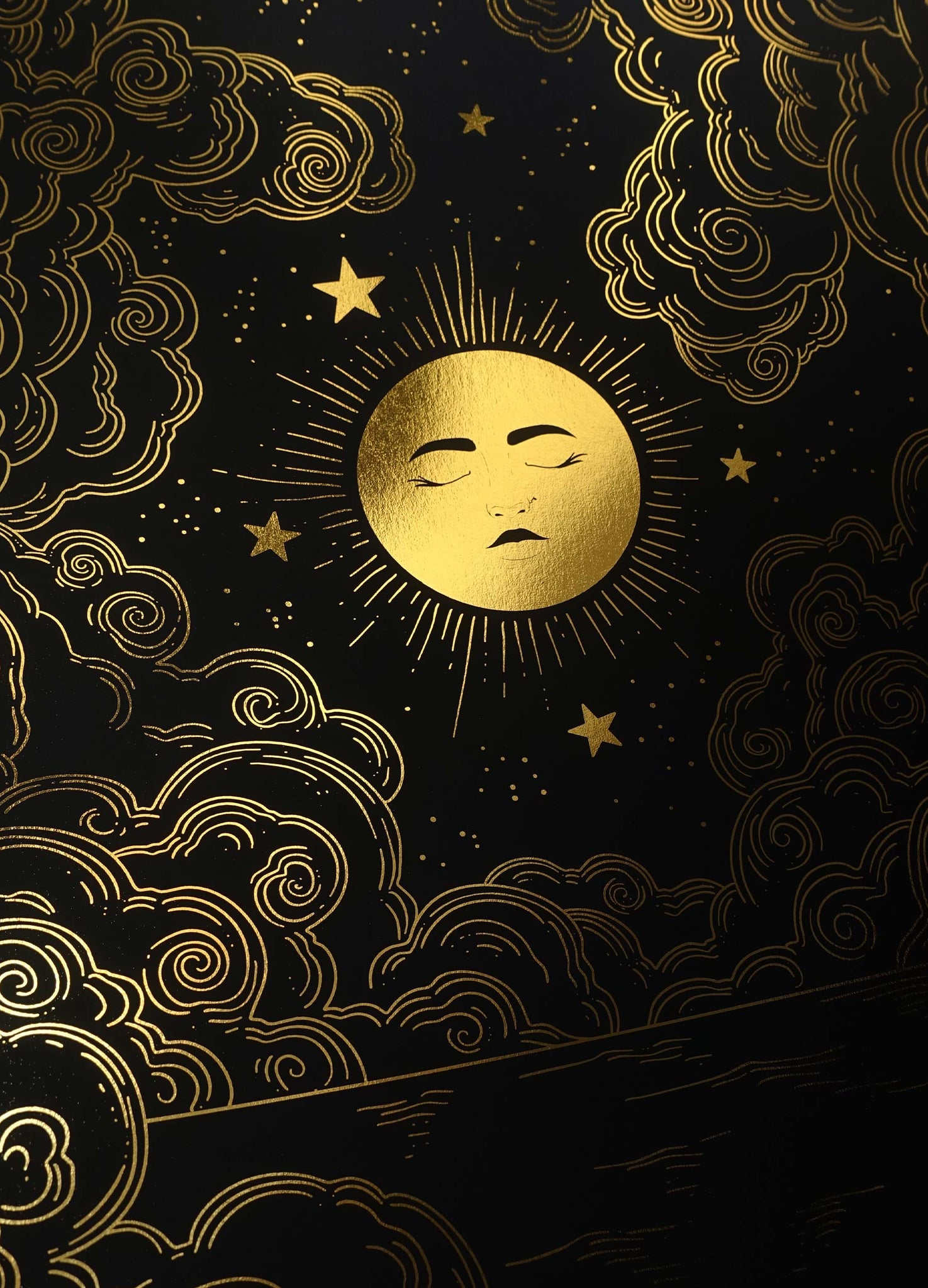 Full Moon glow n the night sky gold foil art print on black paper by Cocorrina & Co