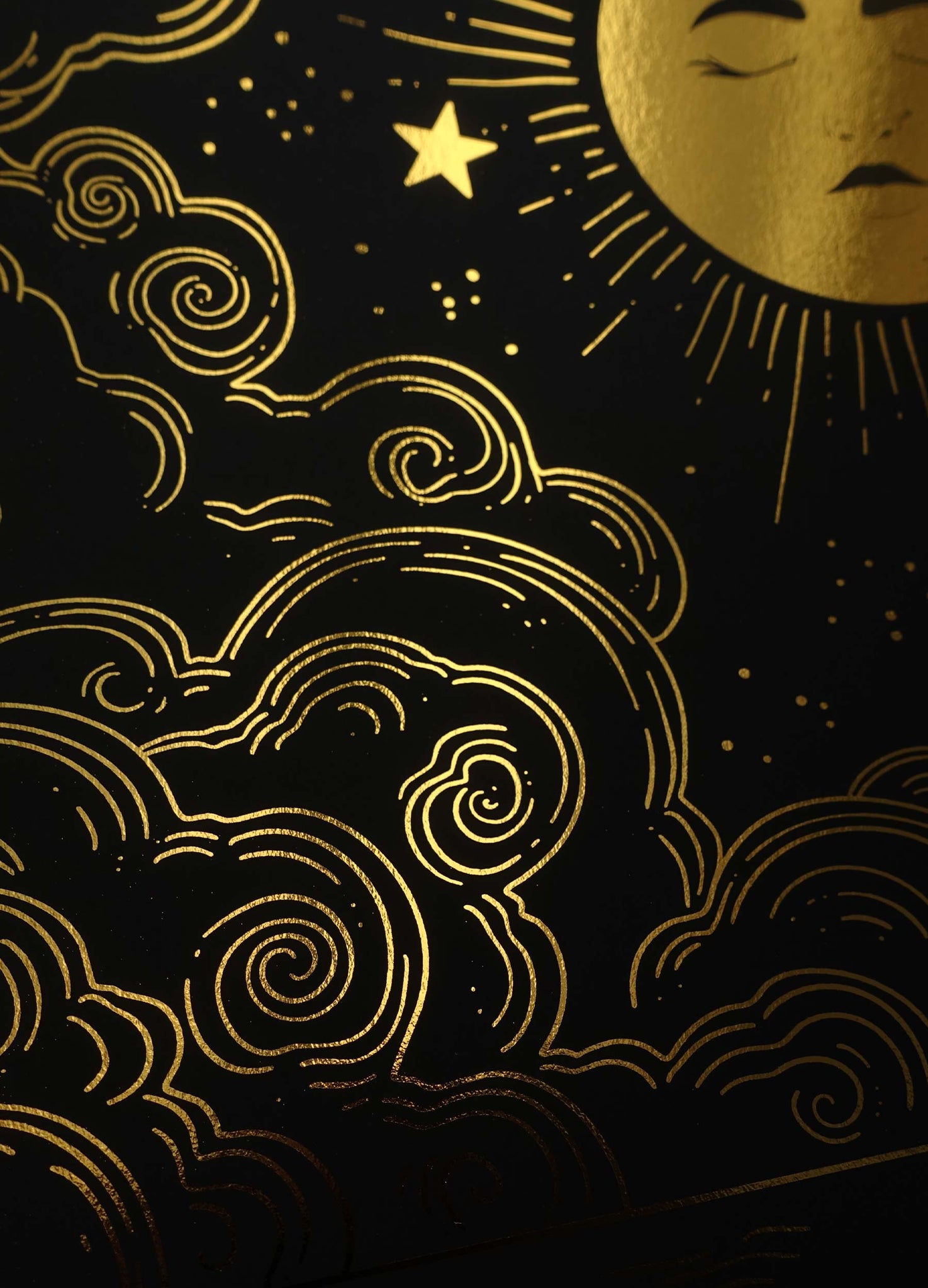 Full Moon glow n the night sky gold foil art print on black paper by Cocorrina & Co